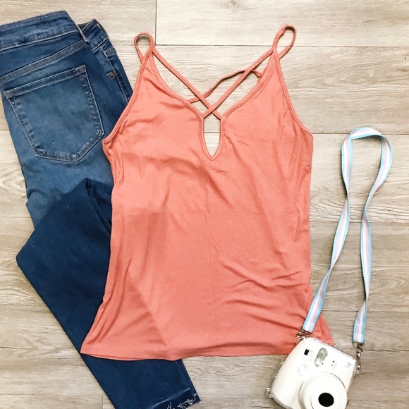 Express Tops - 🆕 Express Coral Criss Cross with Peephole Tank